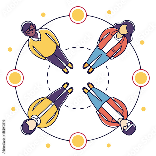 Diverse team members face the center, connected by a circle, on a white background