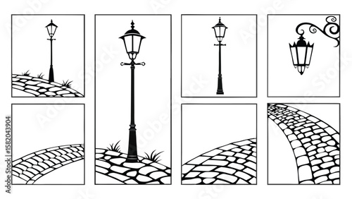 "Old Town Street Lamp Cobblestone Road Engraved Look Vintage Street Retro Lantern Historic Alley Black White Artistic Etching"