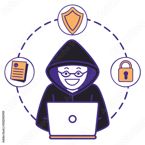 Hooded man uses laptop under security icons with transparent background depicted in illustration