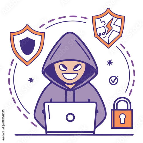 Smiling hooded figure on laptop defies security with shields and lock icons