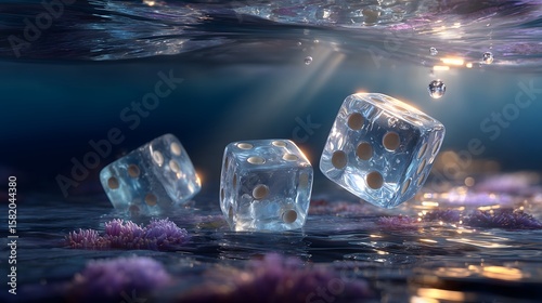Three Translucent Gaming Dice Falling Through Water onto an Underwater Seabed