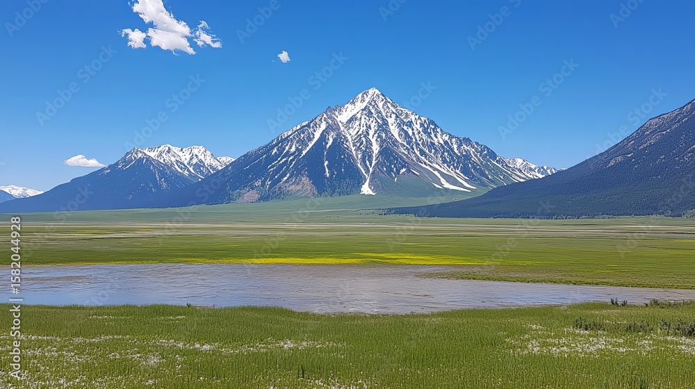 Fototapeta premium A snow-capped mountain majestically rises above a tranquil valley, its slopes contrasting with vibrant green meadows and a calm, shallow lake
