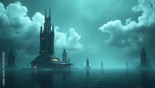 Dark, futuristic towers rise from a tranquil teal-toned water surface, under a cloudy sky.