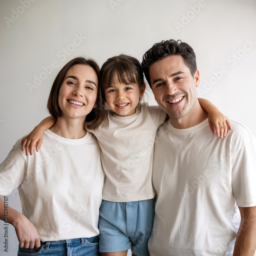 Family of three standing together. Mother, father and daughter in blank natural tshirts mockup. Young woman, man and 3 years old girl. Mom, dad with one baby matching design short sleeve t-shirts
