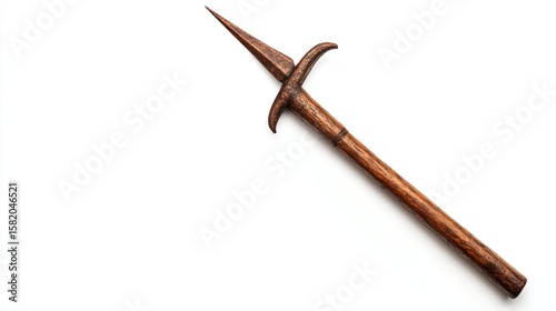 Fototapeta Naklejka Na Ścianę i Meble -  A harpoon with wooden finish, ample space for text on the right side, set against a white background