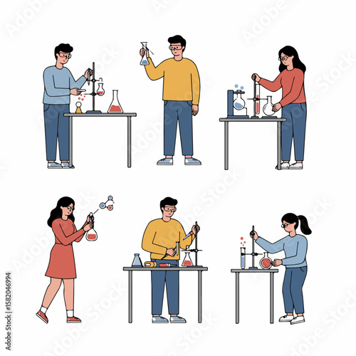 Set of Flat Vector Illustrations Depicting People Doing Chemistry Experiments in a Lab
