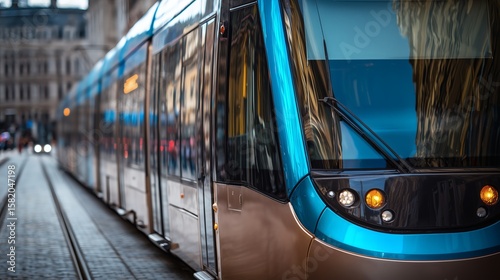 Un tramway, transport en commun s'arrête à un arrêt dans une ville à mobilité douce et écologique
