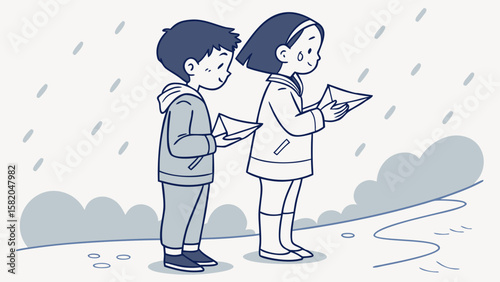 Two Friends Holding Origami Boats in Rain – Silent Support Silhouette