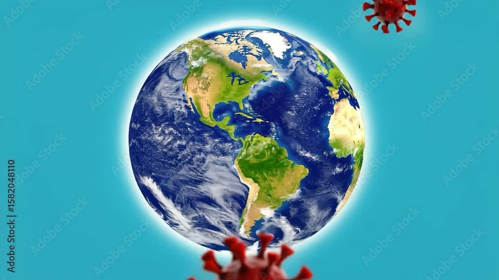 Planet Earth Surrounded by Viruses Against Vibrant Blue Background