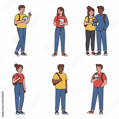 Collection of diverse young students illustrated, holding books and tablets, representing education and learning concepts.