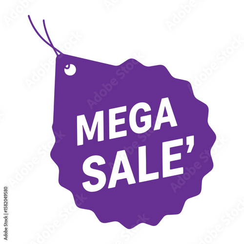 Purple mega sale tag illustration with white text for promotions and discount offers