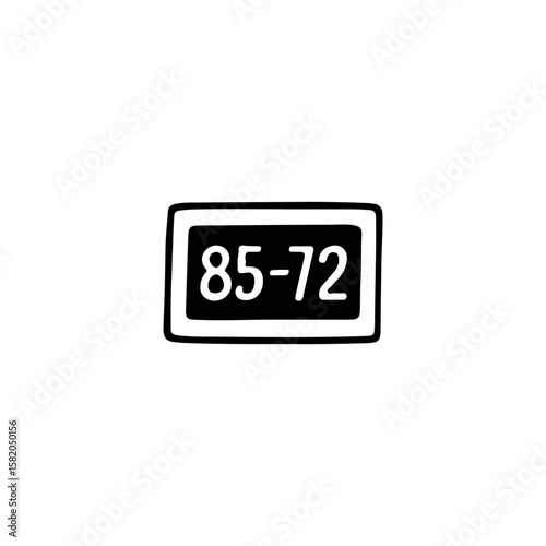 Black and white outline icon of a scoreboard showing game result 85-72. Minimalist doodle-style vector illustration representing sports results, match score, and competition outcomes
