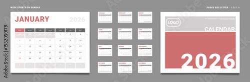 Set of Monthly pages Calendar Planner Templates 2026 for wall or desk with Cover and place for Photo, Logo. Vector layout of simple calendar with week start Sunday. Pages for size Letter - 8.5x11 in