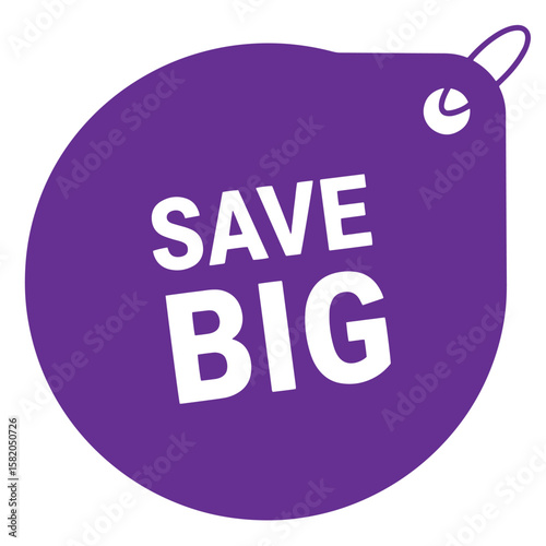 Save big promotional tag with purple and white design for sales offers and discounts
