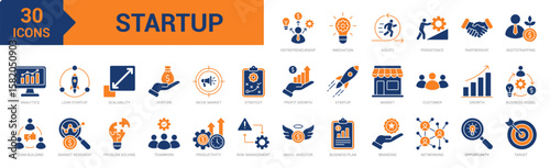 Startup icon collection set. Containing entrepreneurship, profit, growth, innovation, agility, branding, networking, business, plan, partnership, target, opportunity, venture icon. Simple flat vector
