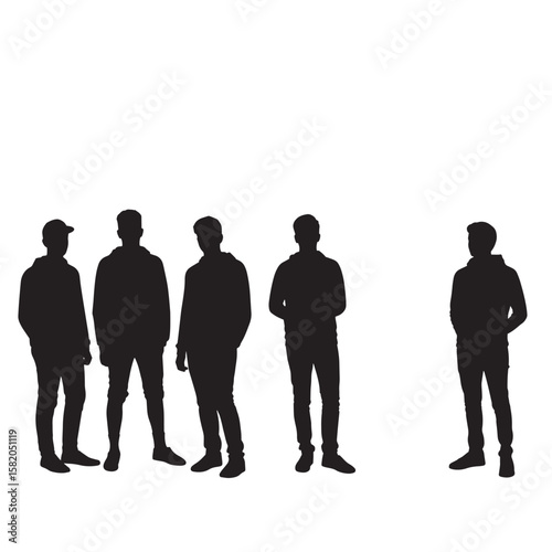 Silhouette of young men wearing hoodies and jeans standing on white background