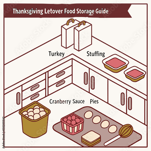 Thanksgiving leftover food storage guide illustrating proper placement of turkey stuffing cranberry sauce and pies in kitchen cabinets and containers for preservation