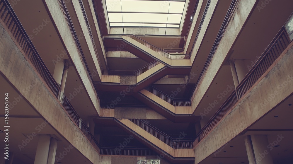 Obraz premium Abandoned building's interior, showcasing a multi-story staircase and aged architecture with a skylight above