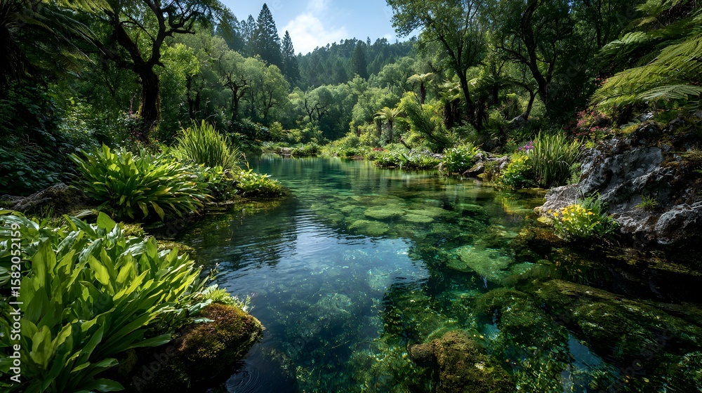 Fototapeta premium Verdant Watercourse Flowing Through Lush Vegetation – Immersive Natural Landscape Visual for Eco-Friendly Branding and Digital Wellness Campaigns