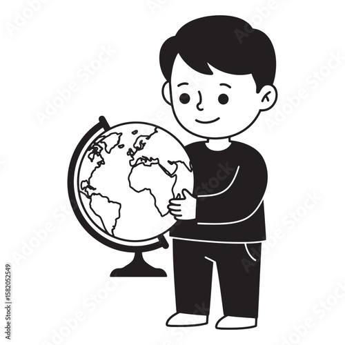 Smiling little boy holds a globe illustrating geography and global awareness