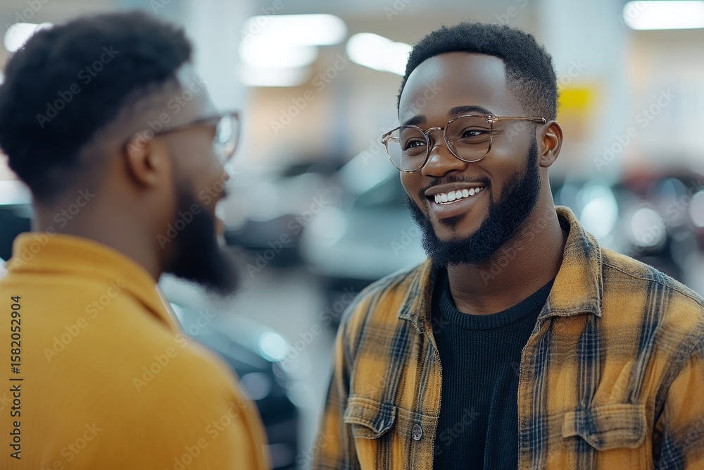Client talking to a salesperson to buy a new car at a dealership showroom, making an informed decision on their purchase, Generative AI Client talking to a salesperson to buy a new car at a dealership showroom, making an informed decision on their purchase, Generative AI