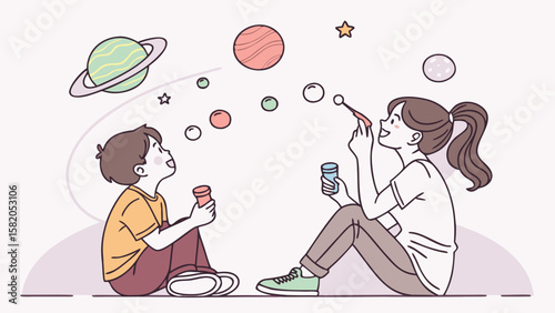 Two Kids Blowing Bubbles That Form Planets – Cosmic Imagination Duo Silhouette