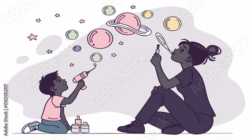 Two Kids Blowing Bubbles That Form Planets – Cosmic Imagination Duo Silhouette