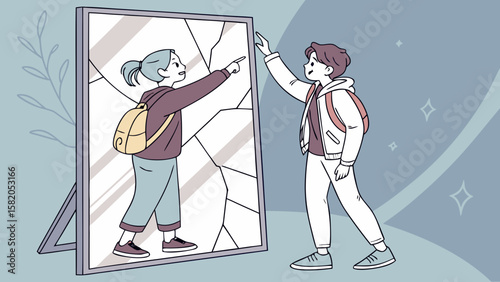Two Teens Reaching Through a Cracked Mirror – Identity Reflection Silhouette