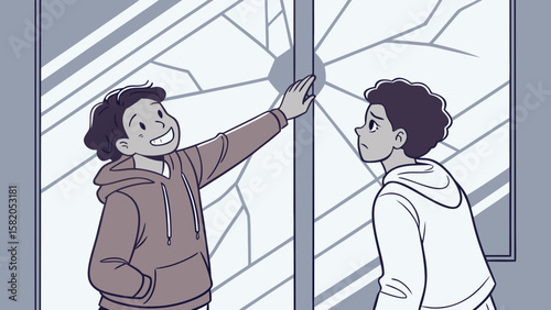 Two Teens Reaching Through a Cracked Mirror – Identity Reflection Silhouette