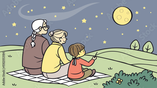 Grandparents and Child Watching Fireflies – Memory Transfer Silhouette