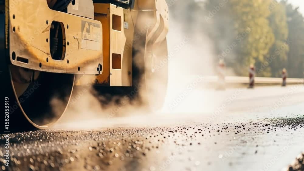 A heavy road roller compacts new asphalt on a sunny day, ensuring a smooth and durable surface for transportation