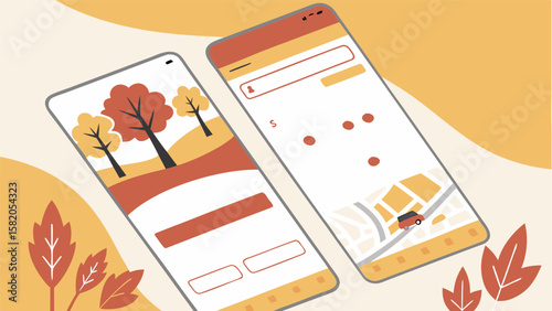 Two modern smartphones displaying stylized autumn scenes and a navigation app with a car on a map set against a warm abstract background with falling leaves