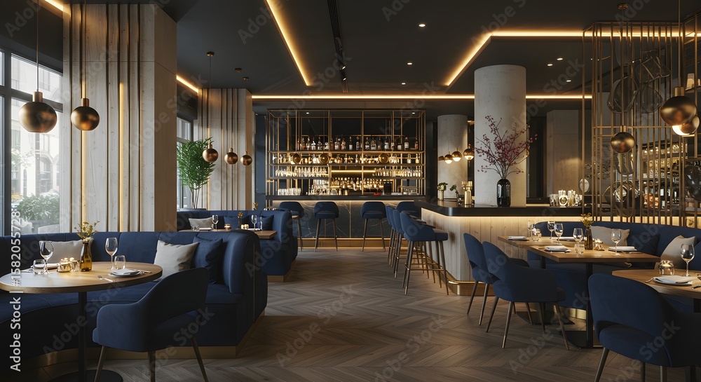 Fototapeta premium Luxurious Restaurant Interior with Bar and Seating Area