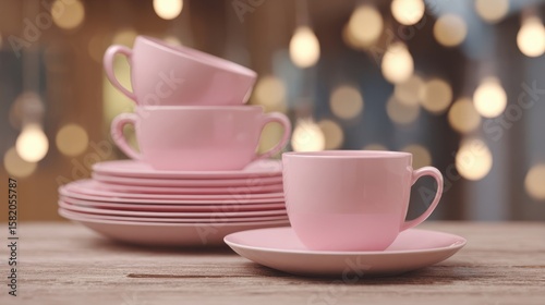 Wallpaper Mural Stacked Pink Cups and Saucers on Wooden Table with Bokeh Background Torontodigital.ca