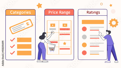 Illustrating the process of online shopping with a focus on product selection criteria including categories price range and customer ratings by two individuals interacting with digital interfaces