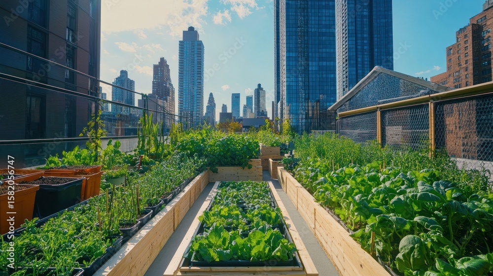 Fototapeta premium An urban apartment balcony transformed into a zero-waste garden, with potted plants growing in recycled containers, compost bins and small rainwater collection systems.