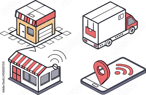Isometric illustration depicting a smart retail store connected to a delivery truck and a smartphone with a location pin and wi fi signal symbolizing modern logistics and e commerce