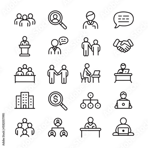 Black and White Business People Icons Set Teamwork Collaboration