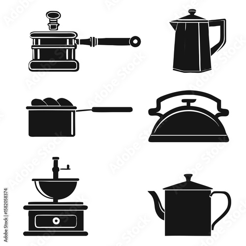 Kitchenware collection black silhouettes cookware utensils