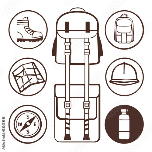 Hiking Gear Icons Backpack Compass Boots Map vector