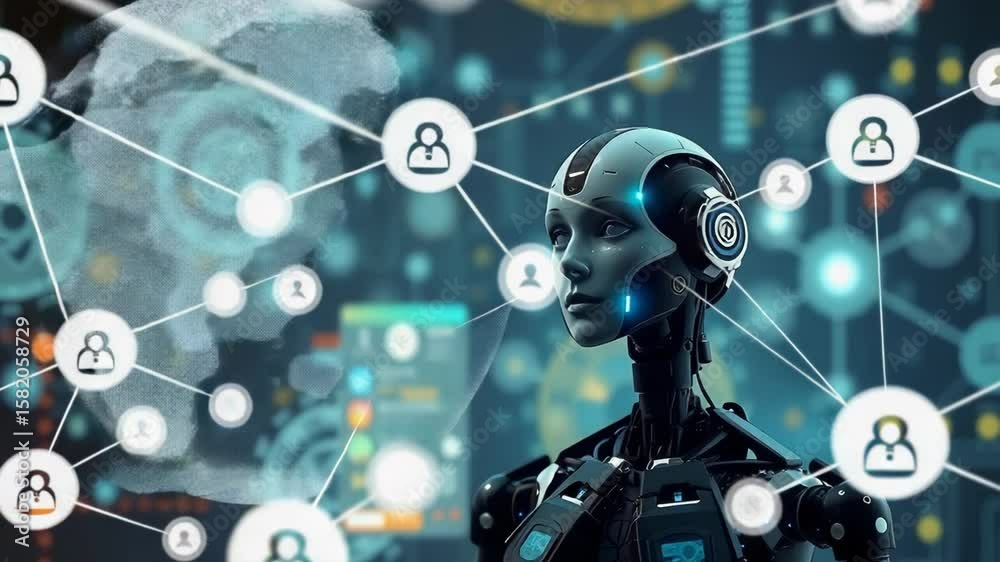 A realistic female robots head and shoulders are shown against a backdrop of digital circuits and data