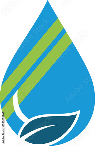 A vibrant water droplet icon combined with a leaf motif, featuring bright blue and green colors. This design symbolizes sustainability and environmental consciousness, making it ideal for projects rel