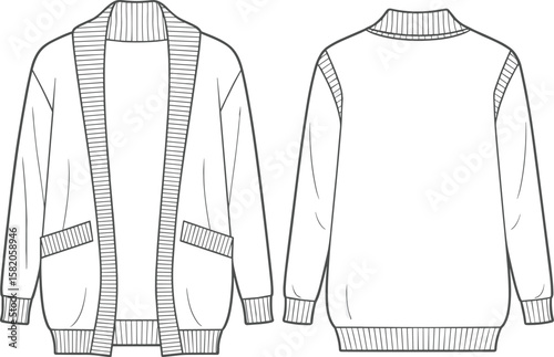 Open front cardigan, ribbed trim, front pockets, technical fashion sketch, flat drawing, cozy sweater design, long sleeve apparel illustration