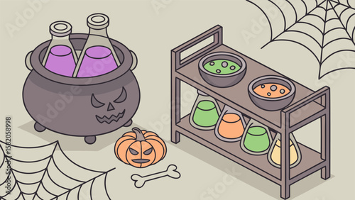 A spooky halloween scene featuring a cauldron filled with purple potion a shelf with colorful bubbling concoctions in bowls and flasks a carved pumpkin a bone and cobwebs on a neutral background