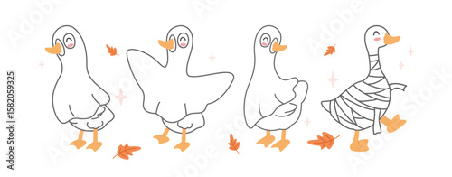 Cute Halloween ghost goose, mummy, and autumn leaves. Perfect for seasonal and spooky designs.