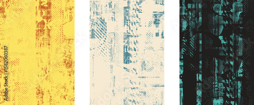 Glitch distorted geometric shape . Noise destroyed logo . Trendy cyber punk poster . Glitched frame .Grunge textured . Distressed effect .Vector shapes with a halftone dots screen print texture.