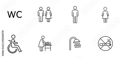 set Bathroom and public amenity line icons on white background.
