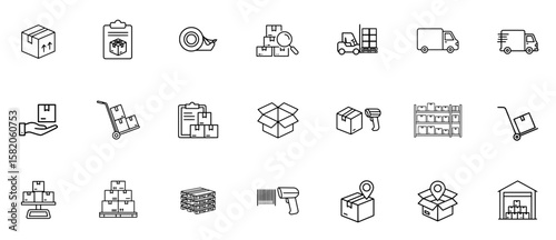set outline icons related to logistics, shipping, and warehousing.
