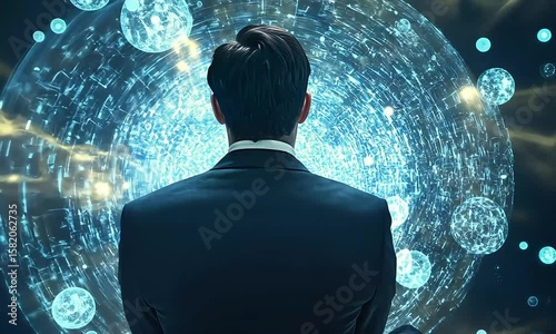 Businessman contemplating the intricate network of global interconnectedness in the digital age