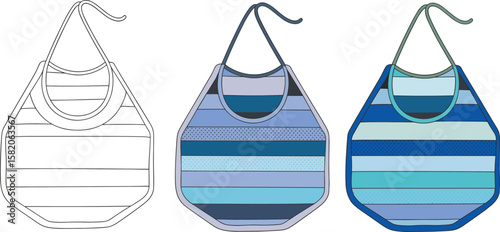 Striped baby bibs fashion flat sketch, front view vector template with outline, blue tones, baby accessories clothing design illustration